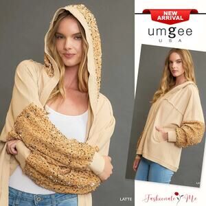 Umgee Sequin Long Sleeves French Terry Relaxed Adjustable Hooded Jacket | Latte